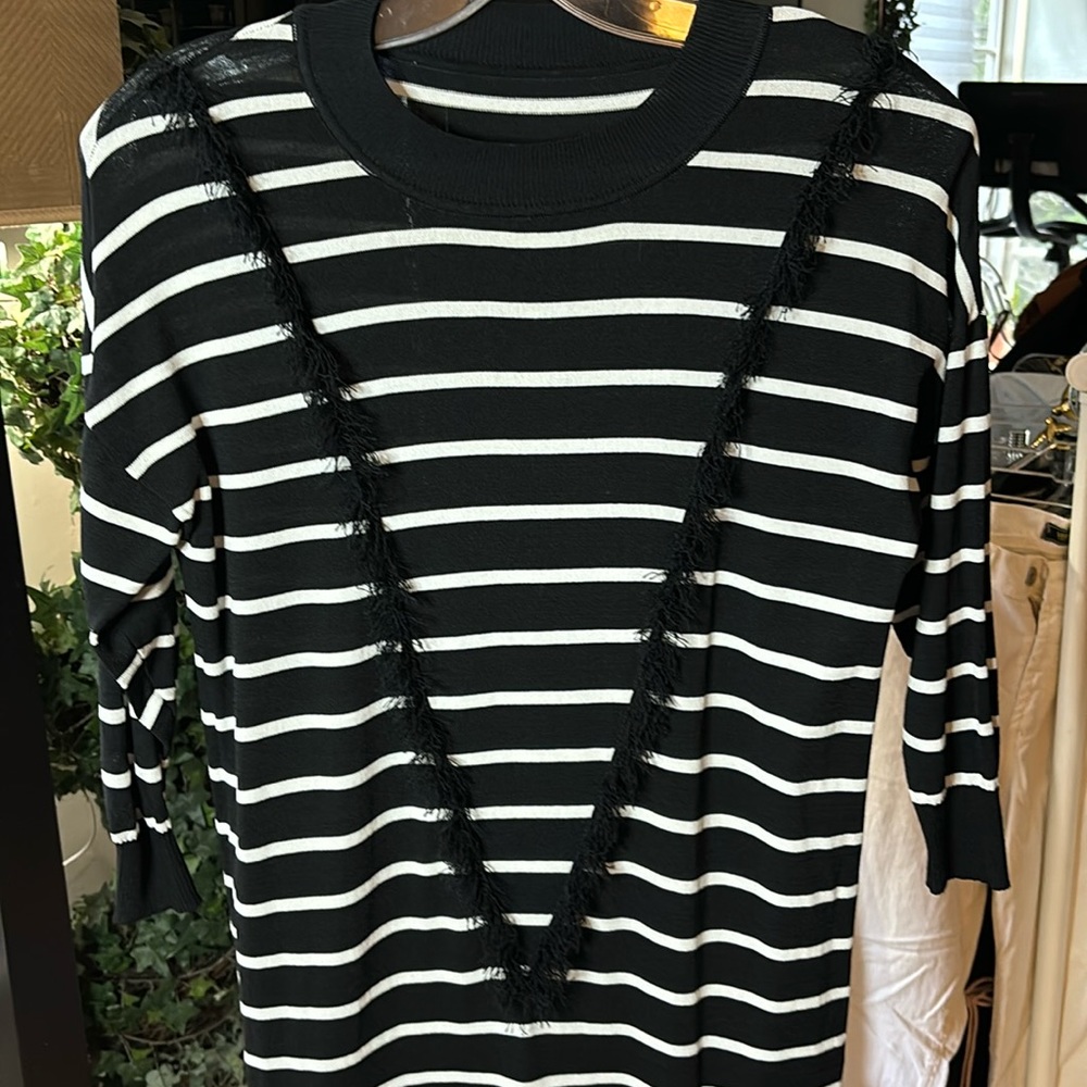 A.L.C rayon knit midi dress, size small, black and white with V fringe.